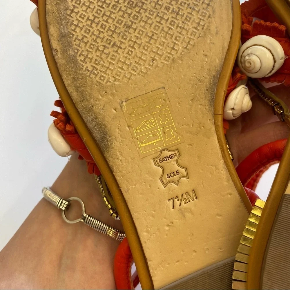 Tory Burch || Sinclair‎ Seashell Sandal Strappy Fringe Gold Orange Red 7.5